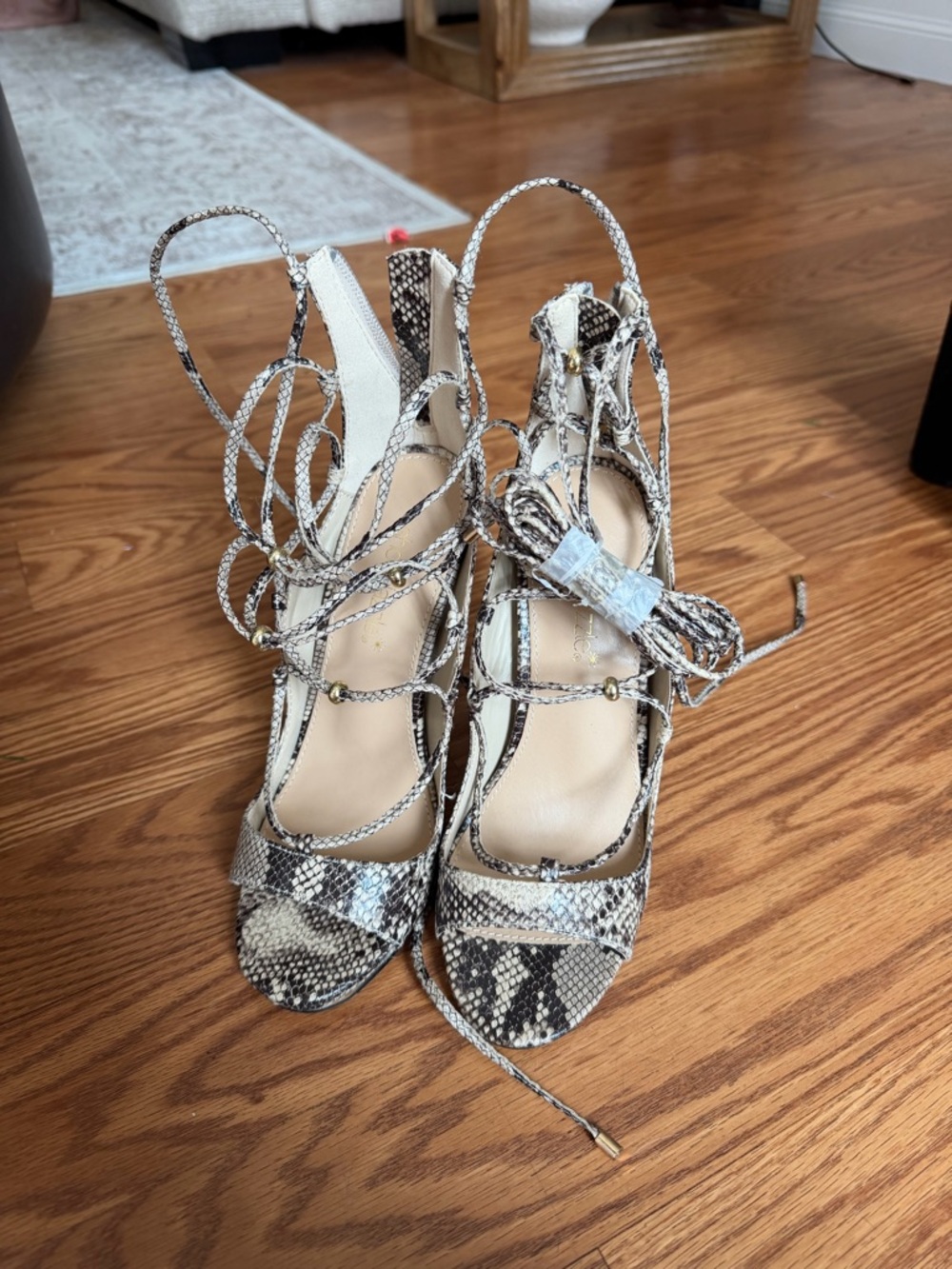 Lace-Up Snake-Print High Heels in Beige and Black